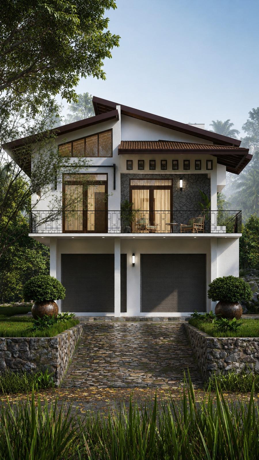 Elevated Stone and Timber Gable House Design for Kegalle exterior house design by Structa Engineering
