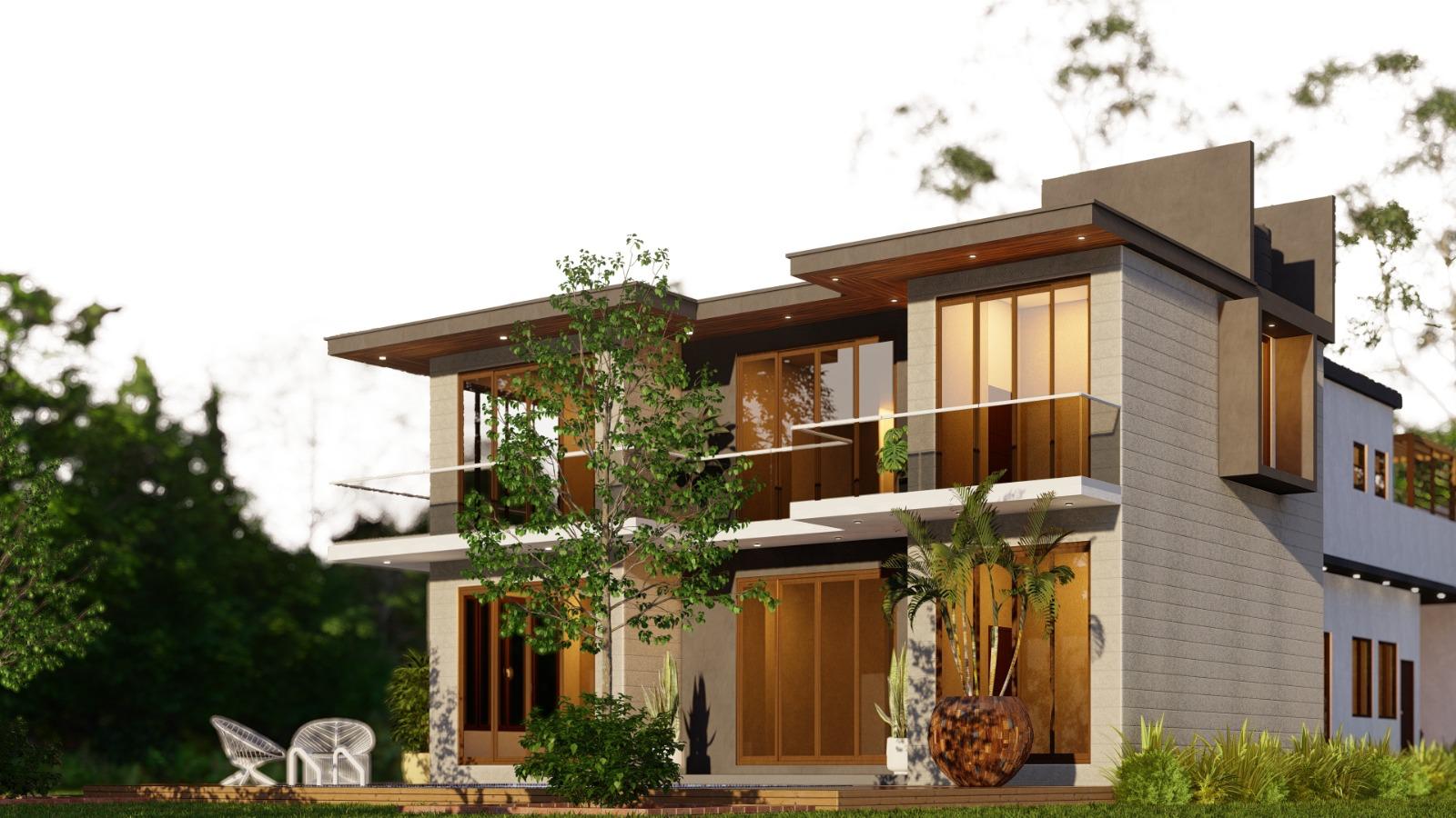 Horizontal Tropical Villa with Screened Terrace Design for Beruwala exterior house design by Structa Engineering
