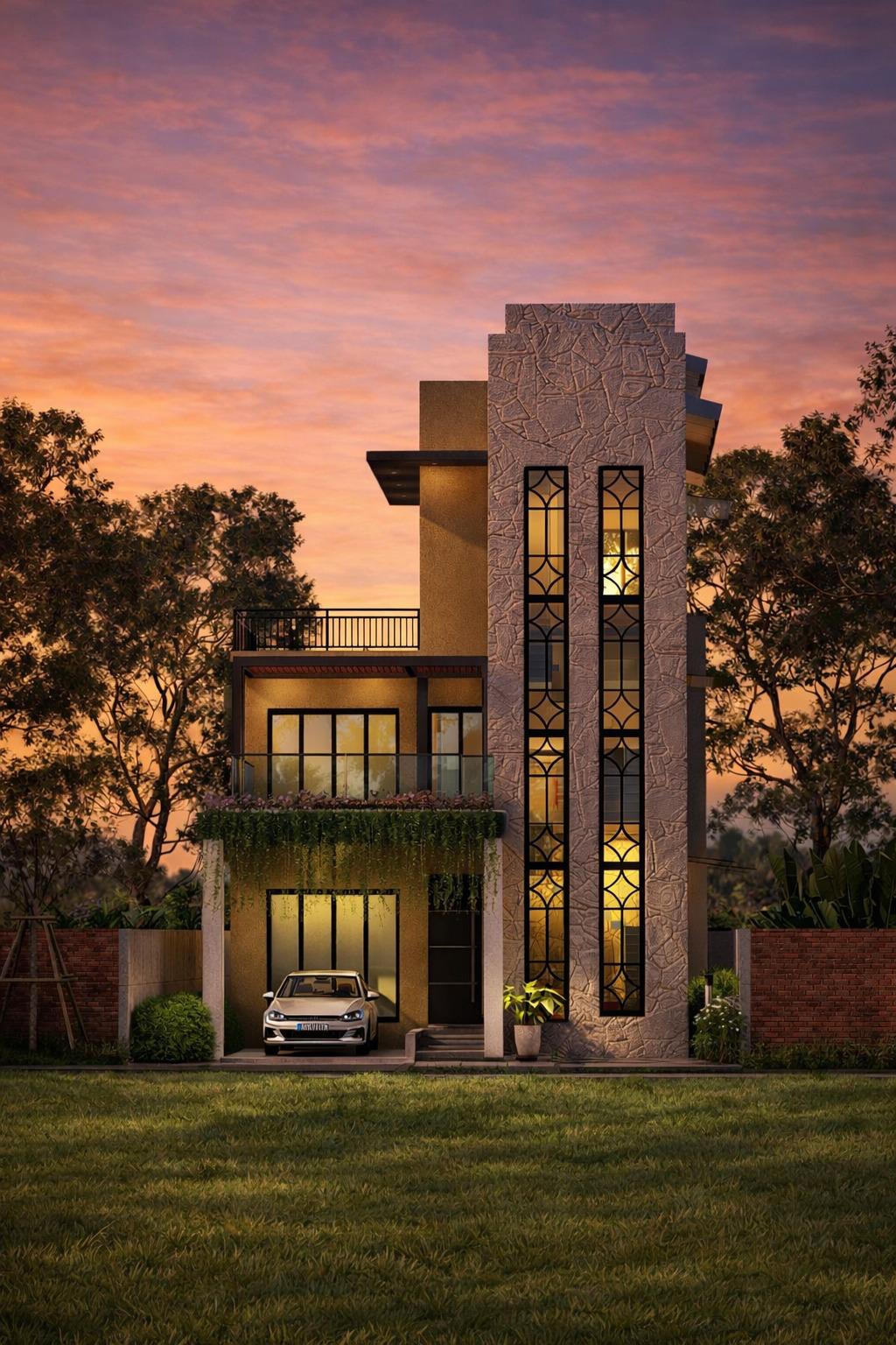 Illuminated Tower Entrance Residence Design for Panadura exterior house design by Structa Engineering