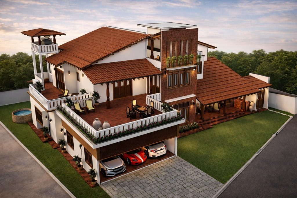 Large Tiled Roof Courtyard Villa Design for Anuradhapura — Aerial View ...