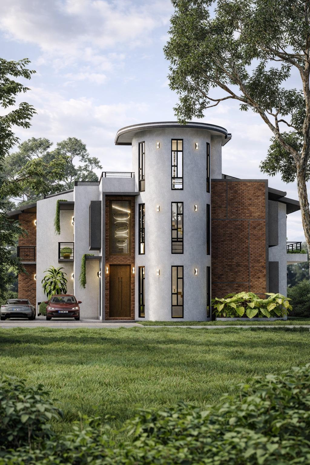 Modern Residence with Cylindrical Stair Tower Design for Battaramulla exterior house design by Structa Engineering
