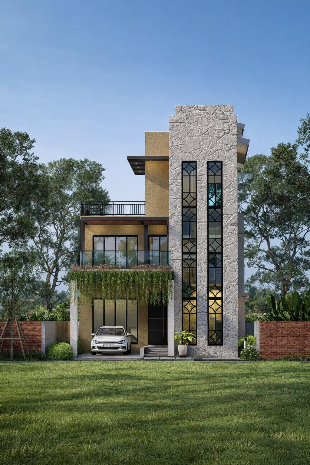 Monumental Narrow House with Stone Tower Design for Negombo exterior house design by Structa Engineering