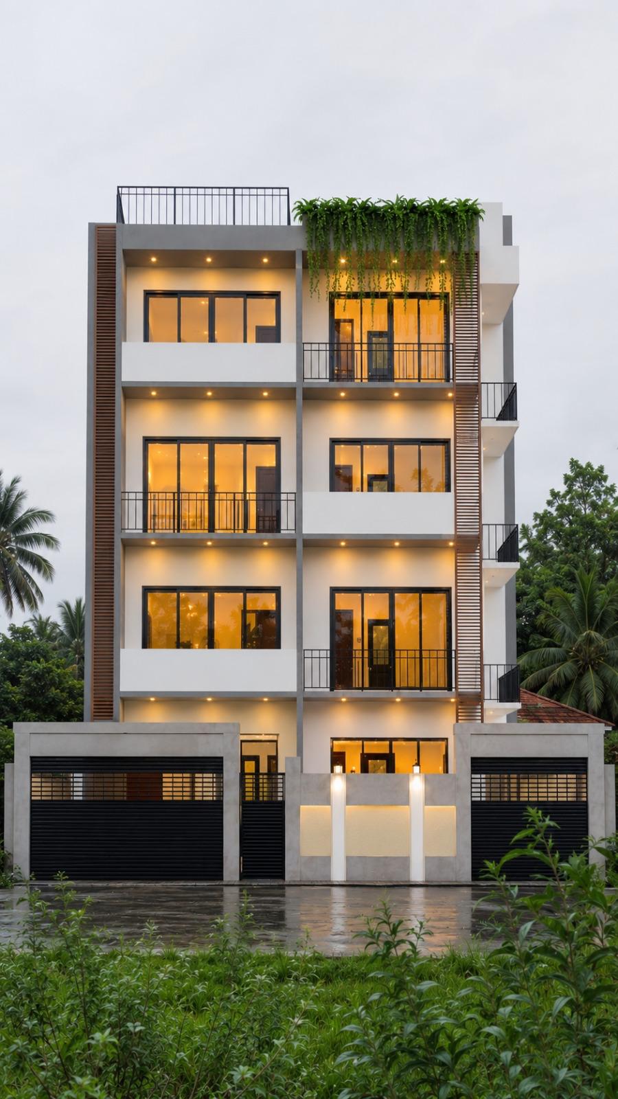 Narrow Four Storey Townhouse with Green Balconies Design for Maharagama exterior house design by Structa Engineering
