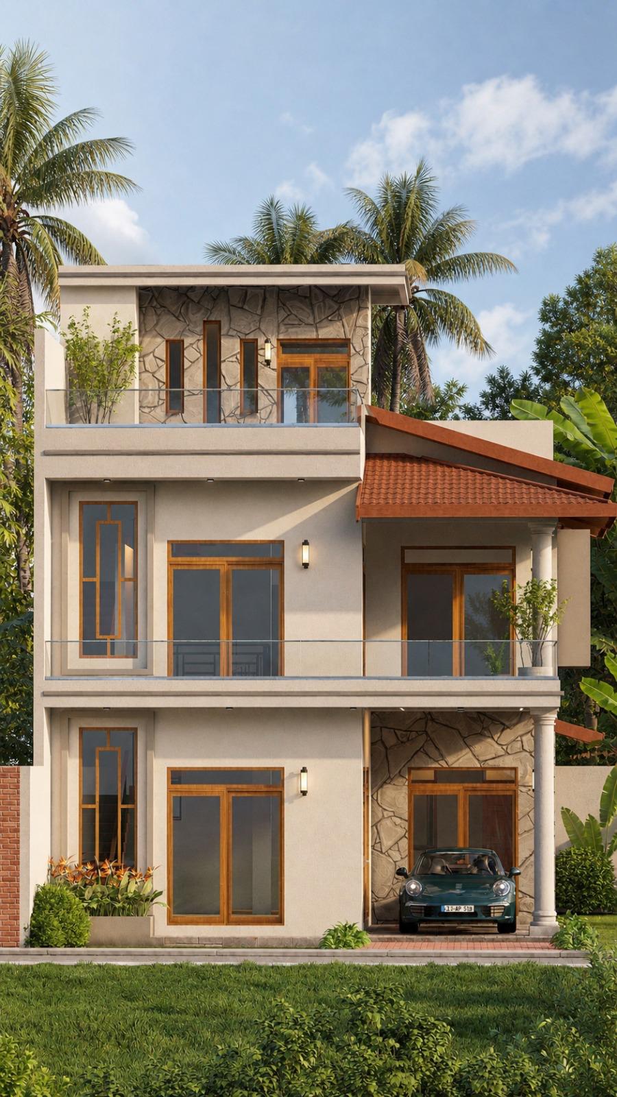 Narrow Tropical Residence with Pitched Roof Design for Ja-Ela exterior house design by Structa Engineering