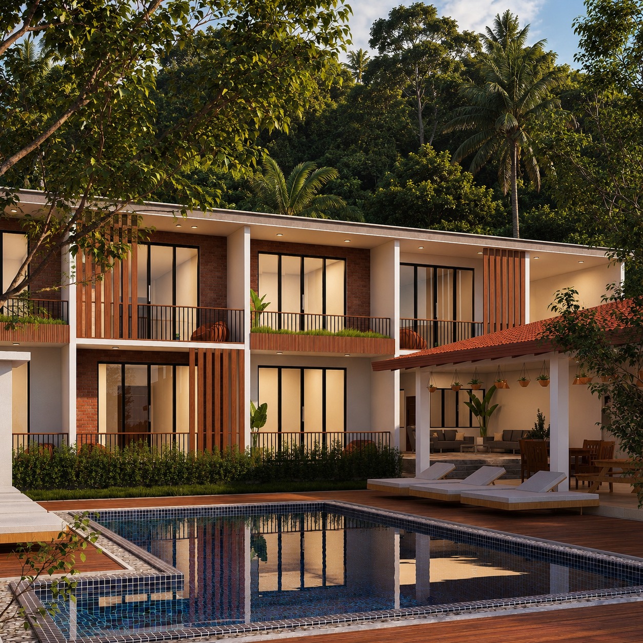 Pool Courtyard Residence Design for Wadduwa — Evening View exterior house design by Structa Engineering