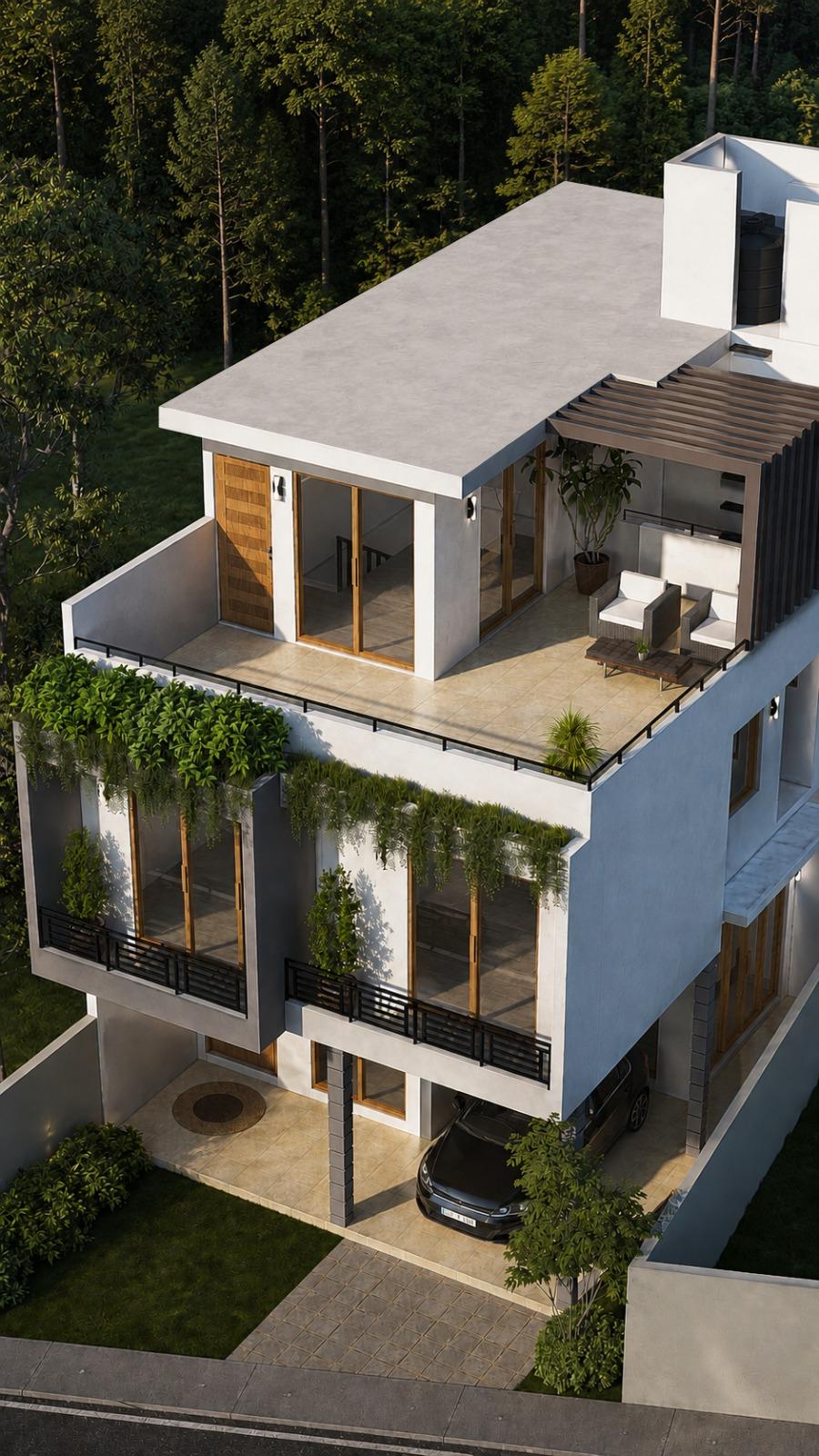 Rooftop Courtyard House Design for Kottawa — Aerial View exterior house design by Structa Engineering