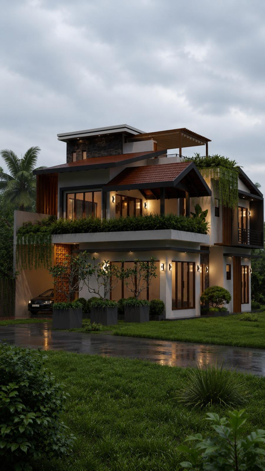Split Level Tropical Landscape House Design for Peradeniya exterior house design by Structa Engineering