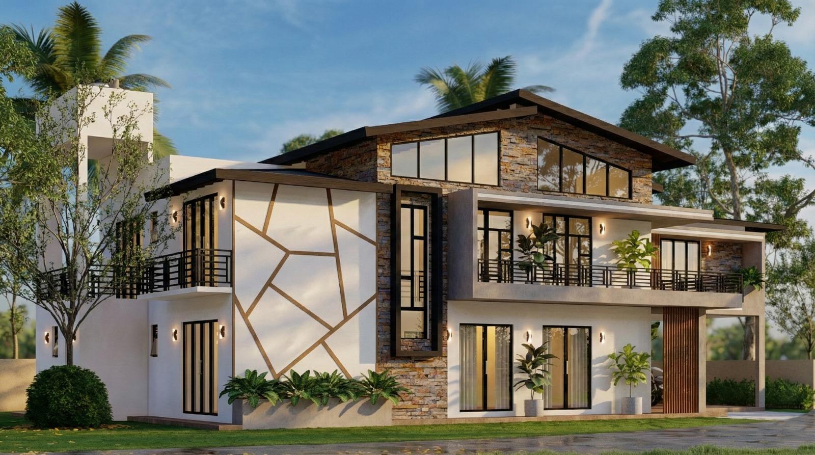 Stone and Timber Gable Courtyard Residence Design for Matale exterior house design by Structa Engineering