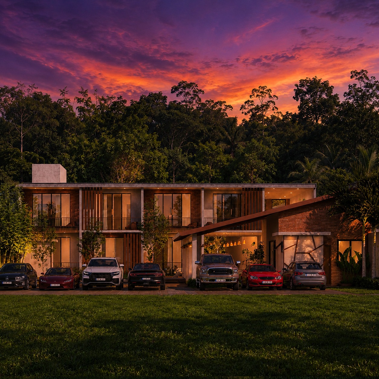 Tropical Courtyard Residence Design for Homagama — Dusk Frontage exterior house design by Structa Engineering