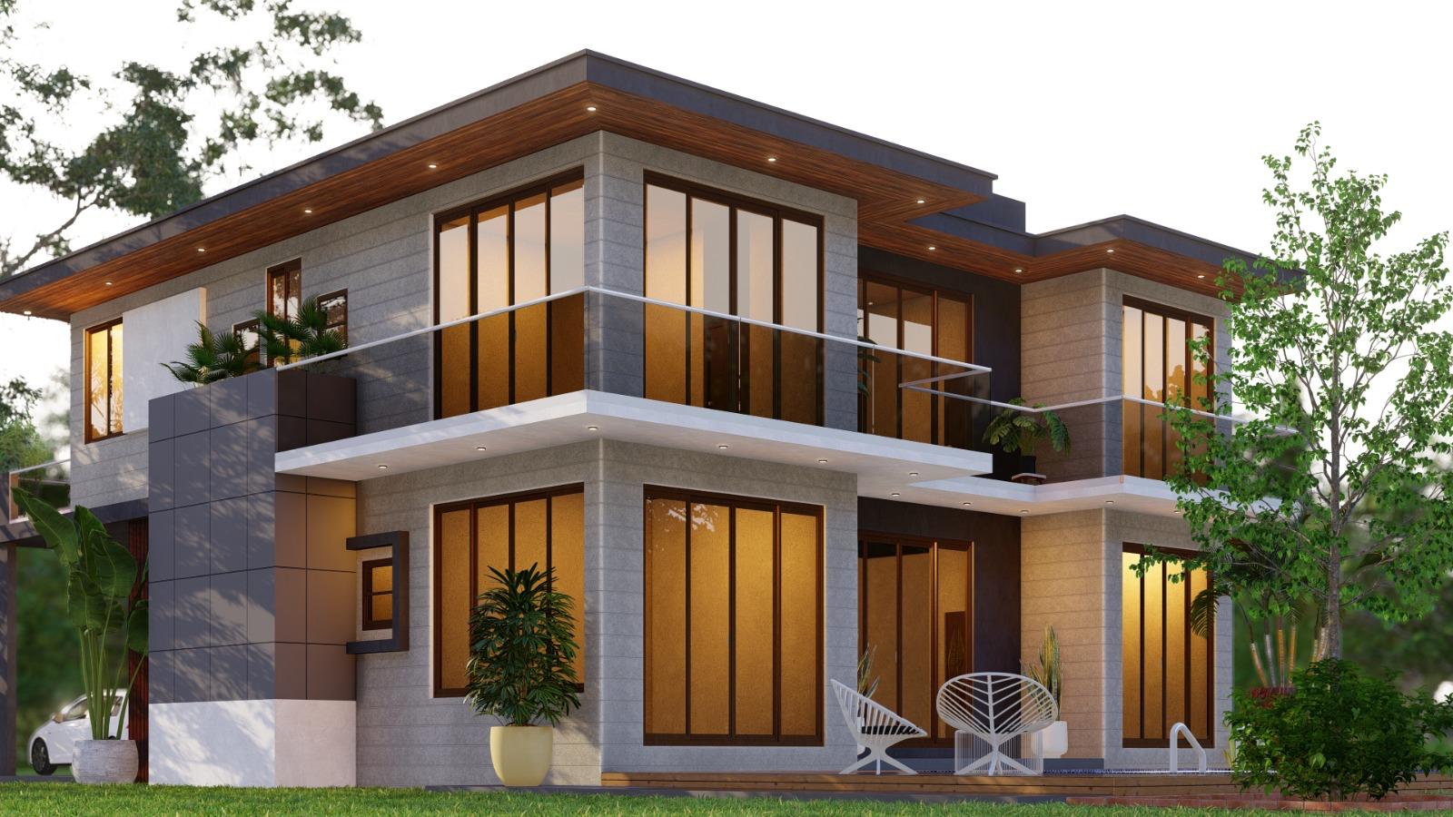 Warm Timber and Glass Corner House Design for Colombo 03 exterior house design by Structa Engineering