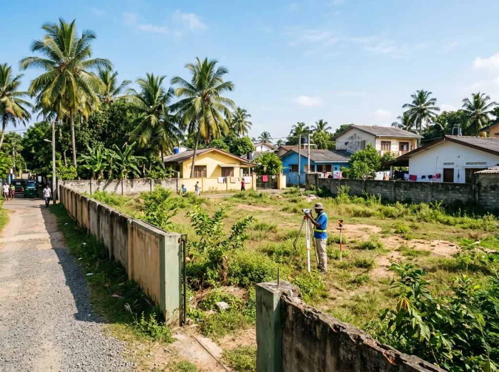 An empty residential plot in suburban Sri Lanka with a surveyor setting up a level