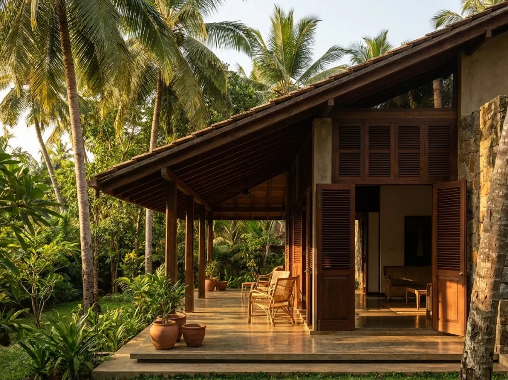 A Sri Lankan house with a deep roof overhang and shaded verandah surrounded by tropical planting