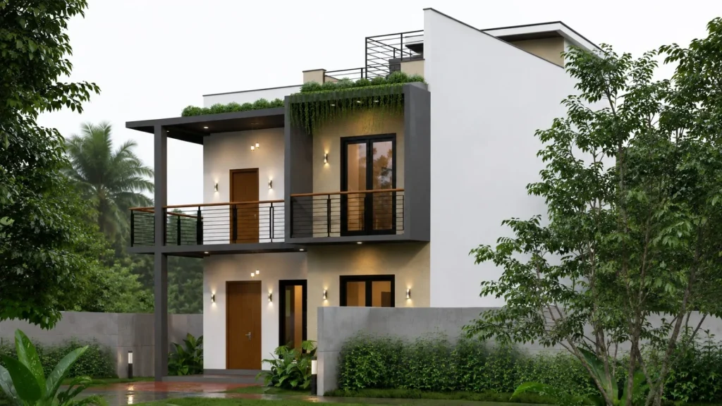 Approach view of the Kirushanthan residence from the garden side, showing the entrance and upper balcony