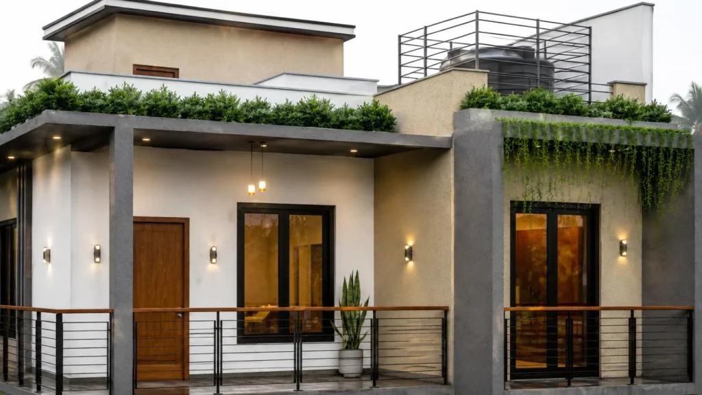 Covered verandah and balcony detail with timber doors and horizontal balustrades