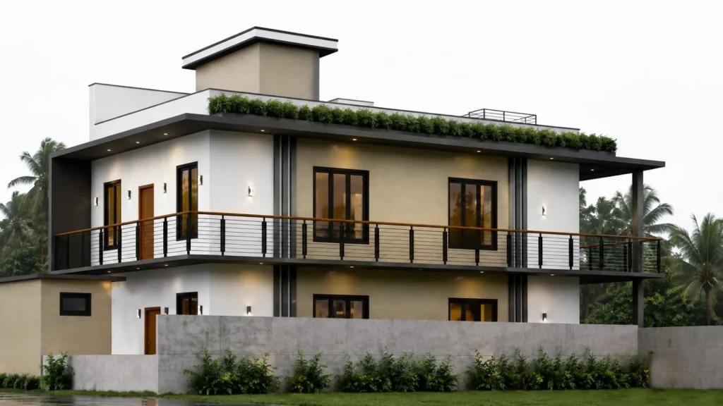 Rear three-quarter view of the Kirushanthan residence with the roof stair enclosure visible