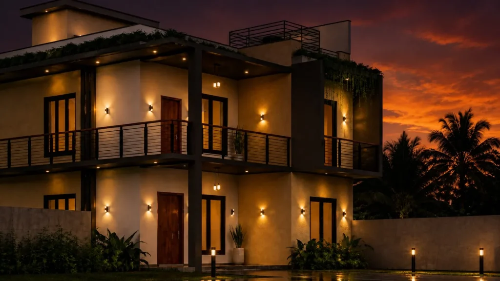 Front elevation of the Kirushanthan residence lit at dusk
