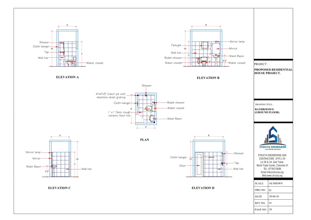 Bathroom detail drawing with four elevations and a plan, showing fixture positions, tiling and heights