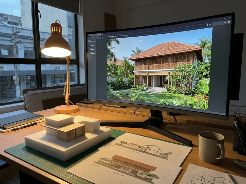 A 3D exterior render of a tropical Sri Lankan house on screen beside a physical massing model