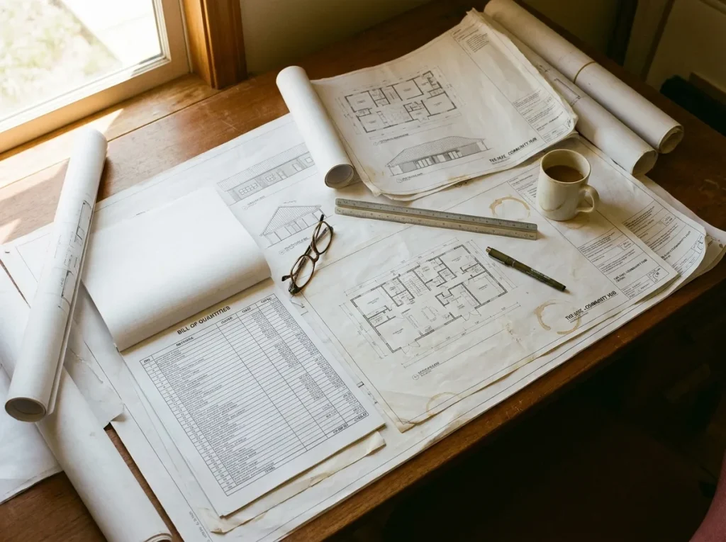 Architectural drawing set and a priced bill of quantities laid out on a desk