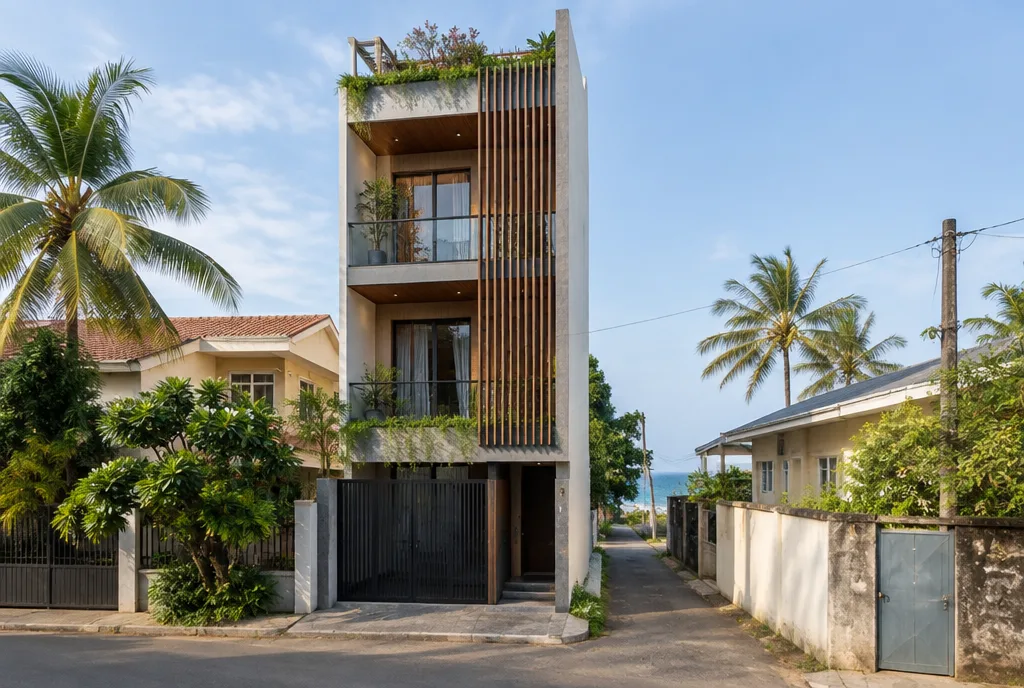 Narrow Urban House Design for Dehiwala exterior house design by Structa Engineering