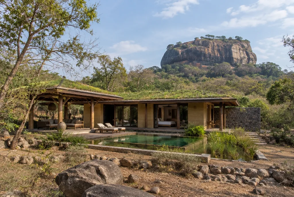 Eco villa design concept with rock view near Sigiriya, Sri Lanka