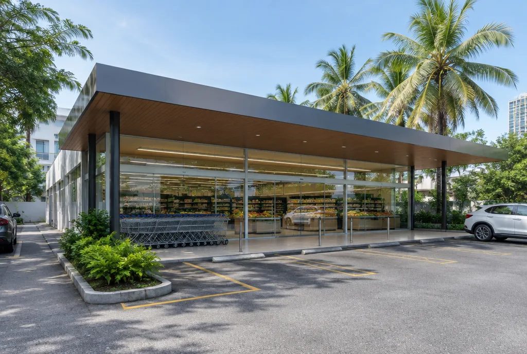 Neighbourhood Supermarket Design for Colombo 05 exterior house design by Structa Engineering