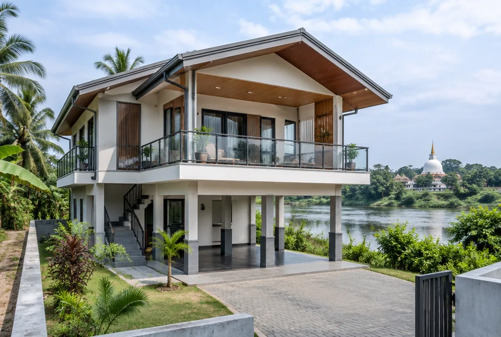 Riverside home design concept for Kelaniya with shaded family spaces