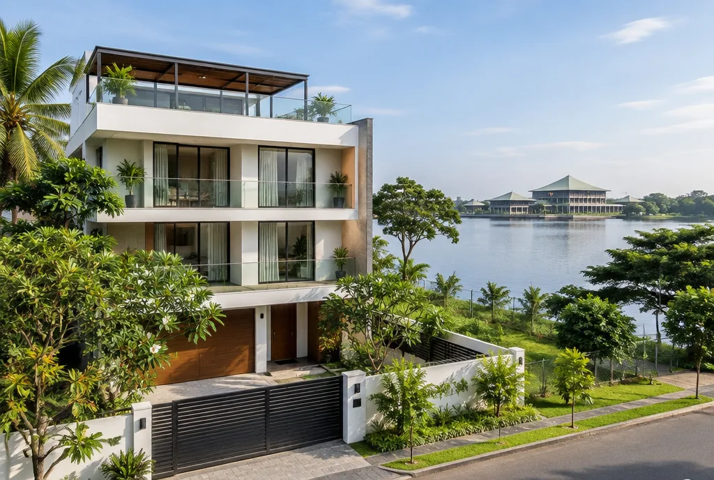 Lake view modern house design concept for Battaramulla with open-plan living