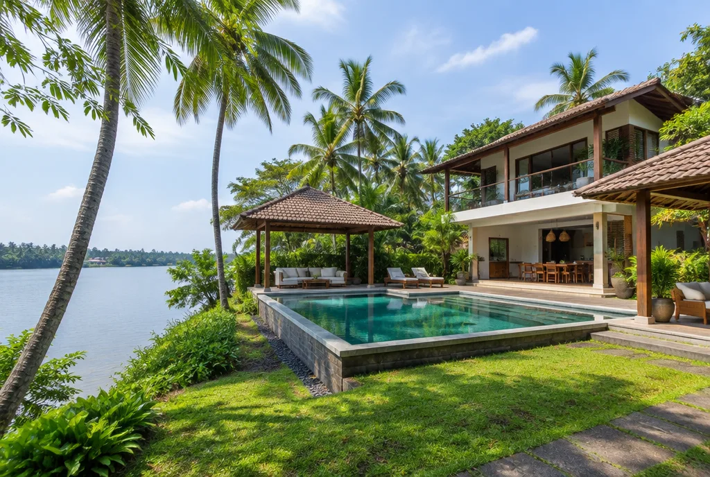 Riverside villa design concept for Kalutara with tropical outdoor rooms