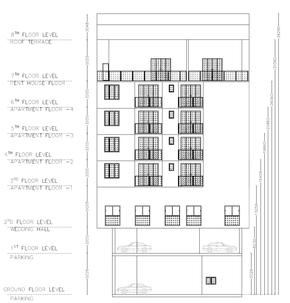 Anonymised Structa apartment and mixed-use building elevation from a 2025 council drawing, with project title block removed