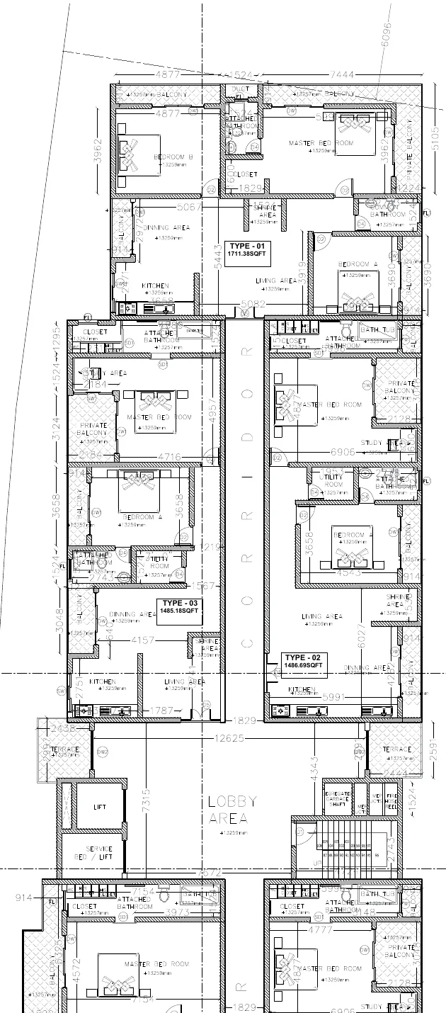 Anonymised typical apartment floor plan excerpt showing the core, apartment layouts and circulation