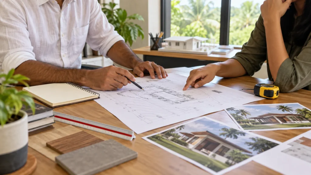 Illustrative architecture consultation table with land survey, notebook and home reference images in Sri Lanka