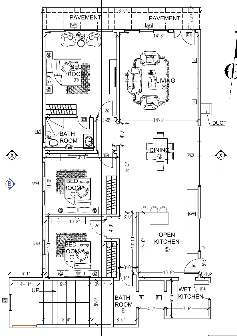 Anonymised ground-floor drawing for a four-unit Structa mini apartment design