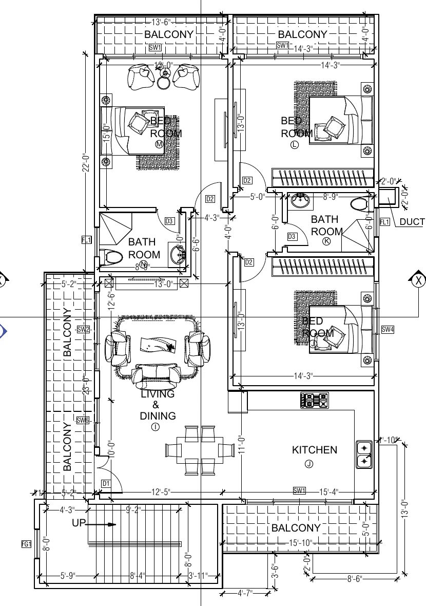 Anonymised typical upper-floor drawing showing one apartment, stair and balconies