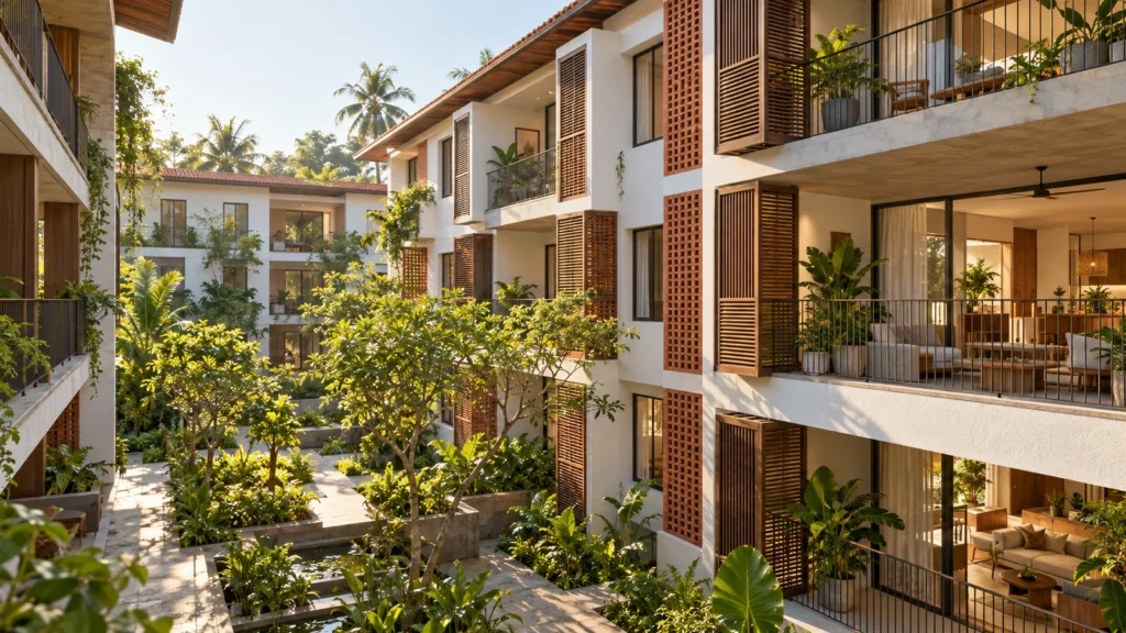Concept of a tropical courtyard apartment building with shaded balconies and privacy screens