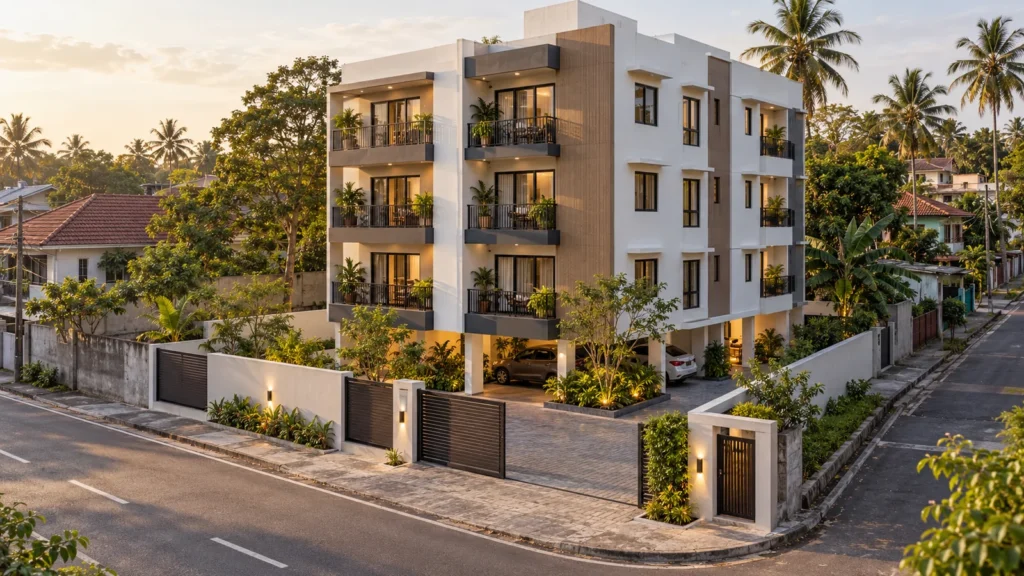 Concept of a small Sri Lankan apartment development showing street access, parking entrance and site boundaries